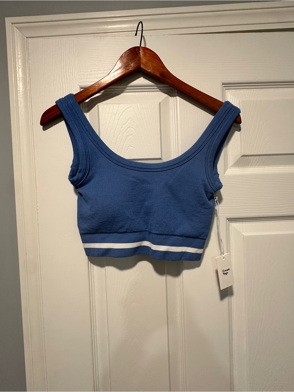Ribbed Blue Cropped Tank with White Hem Stripes